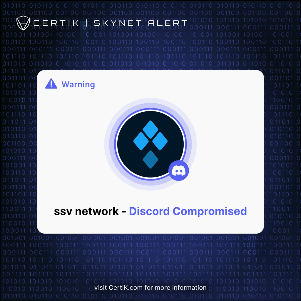 Certik cảnh báo: Máy chủ Discord của SSV Network đã bị hack