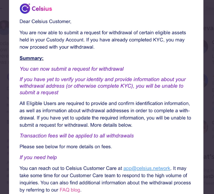 Một email được gửi từ Celsius tới những khách hàng đủ điều kiện vào ngày 2 tháng 3. Nguồn: Twitter